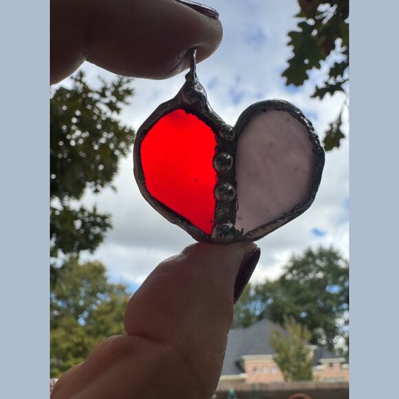 Handcrafted Stained Glass Heart Pendant Caged in Silver-Blend Boho Bezel 1.5” - Picture 5 of 8